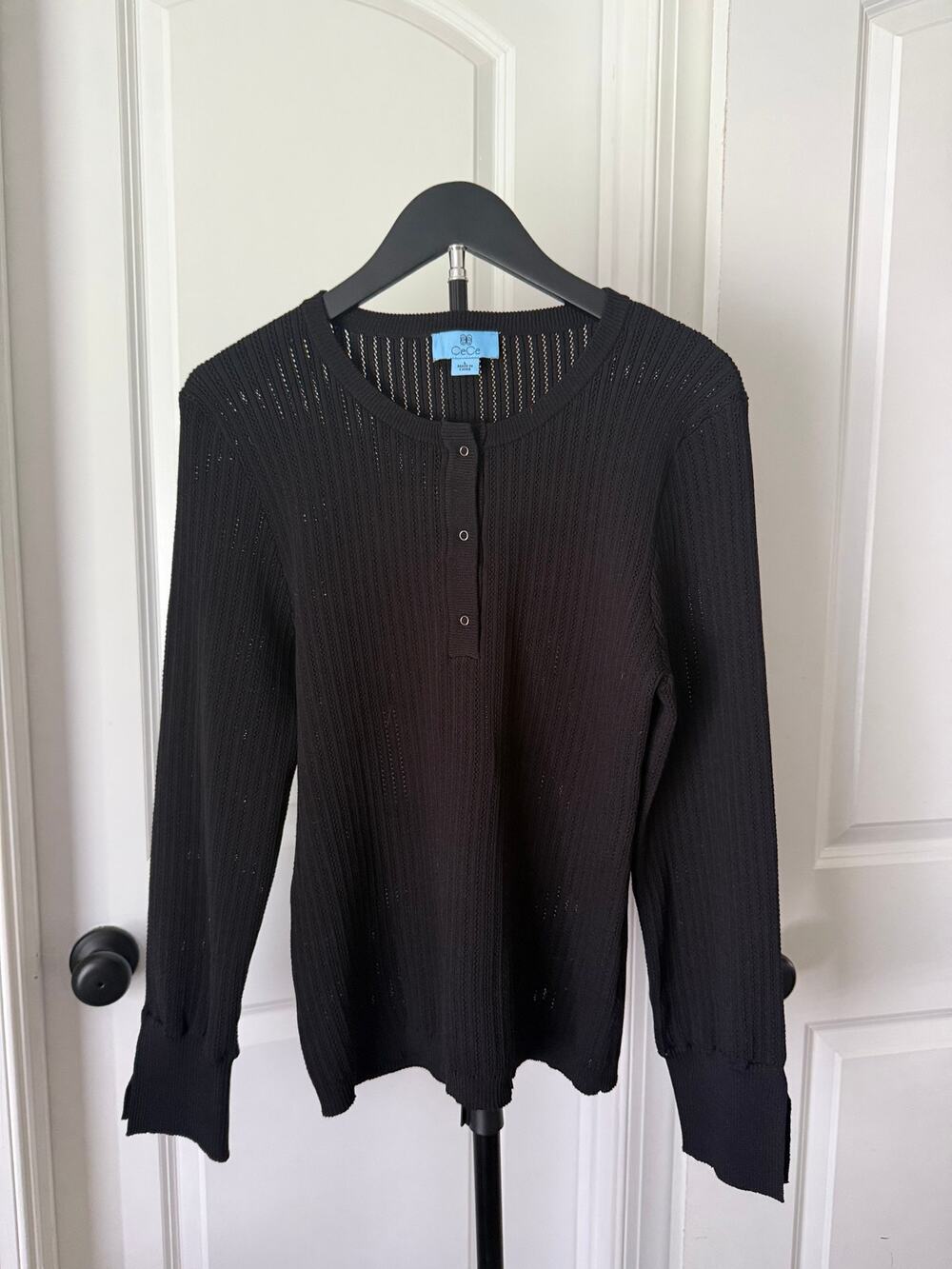 CeCe Black Pointelle Knit Henley Sweater Size Large Bell Sleeve Lightweight Top